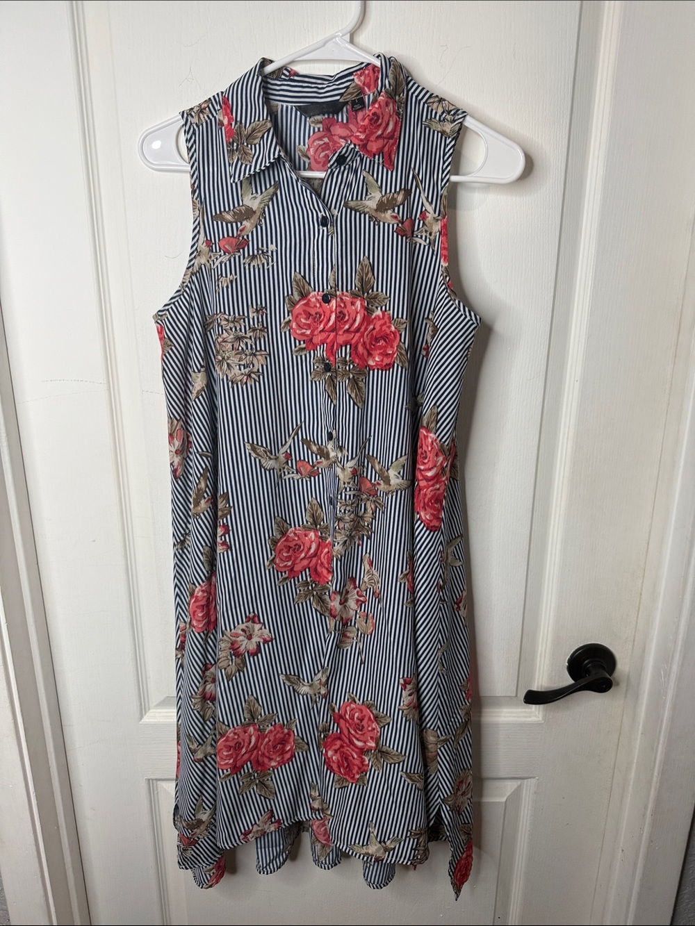 Mlle Gabrielle Button Up Navy Stripe Dress with Pink Rose Print